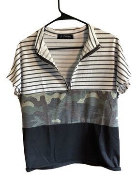 B. Flawless Striped, Camo & Black Zip Top